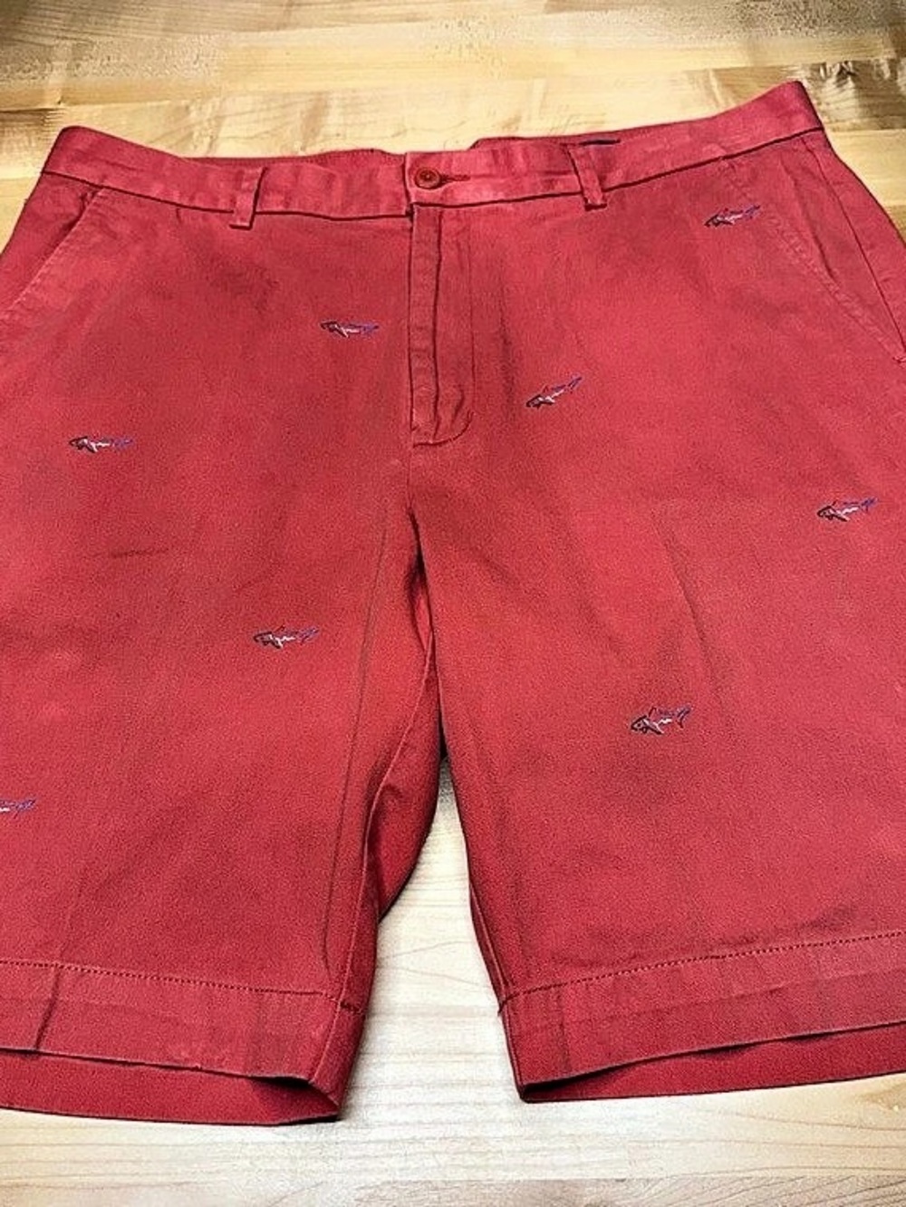 Greg Norman Men's Embroidered Shark Logo Golf Shorts Red Cotton Waist 36
